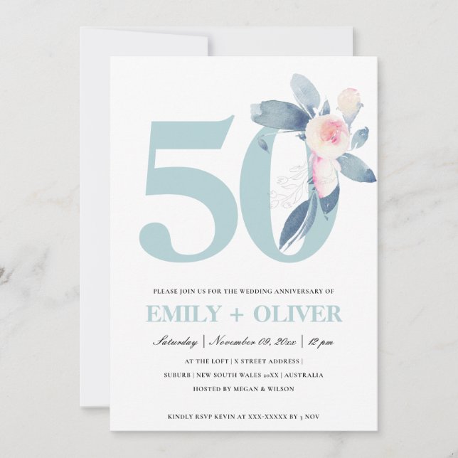 SOFT BLUSH BLUE FLORAL 50TH ANY YEAR ANNIVERSARY INVITATION (Front)