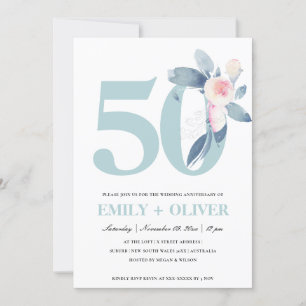 SOFT BLUSH BLUE FLORAL 50TH ANY YEAR ANNIVERSARY INVITATION
