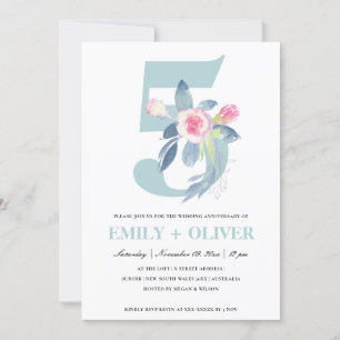 SOFT BLUSH BLUE FLORAL 5TH ANY YEAR ANNIVERSARY INVITATION