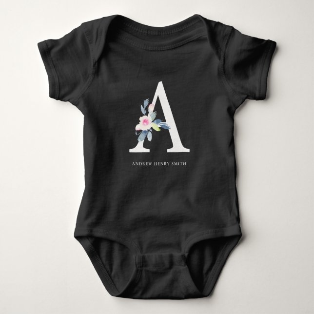 SOFT BLUSH BLUE FLORAL ALPHABETS NAME LETTER A BABY BODYSUIT (Front)