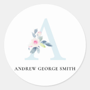 SOFT BLUSH BLUE FLORAL ALPHABETS NAME LETTER A CLASSIC ROUND STICKER