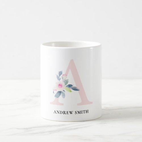 SOFT BLUSH BLUE FLORAL ALPHABETS NAME LETTER A COFFEE MUG