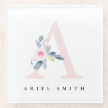 SOFT BLUSH BLUE FLORAL ALPHABETS NAME LETTER A GLASS COASTER<br><div class="desc">If you need any further customisation please feel free to message me on yellowfebstudio@gmail.com.</div>