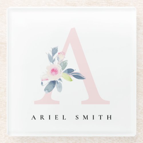 SOFT BLUSH BLUE FLORAL ALPHABETS NAME LETTER A GLASS COASTER