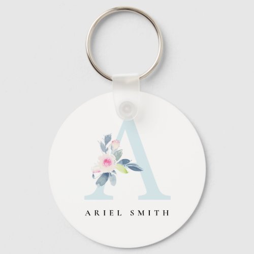 SOFT BLUSH BLUE FLORAL ALPHABETS NAME LETTER A KEYCHAIN