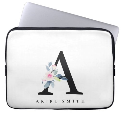 SOFT BLUSH BLUE FLORAL ALPHABETS NAME LETTER A LAPTOP SLEEVE