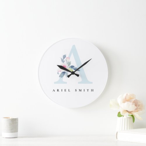 SOFT BLUSH BLUE FLORAL ALPHABETS NAME LETTER A LARGE CLOCK