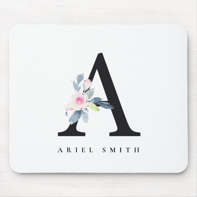SOFT BLUSH BLUE FLORAL ALPHABETS NAME LETTER A MOUSE PAD (Front)