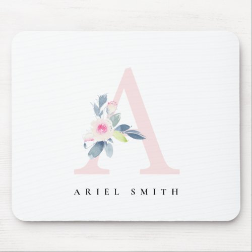 SOFT BLUSH BLUE FLORAL ALPHABETS NAME LETTER A MOUSE PAD