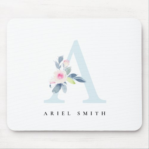 SOFT BLUSH BLUE FLORAL ALPHABETS NAME LETTER A MOUSE PAD