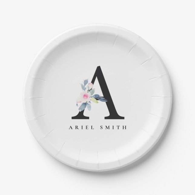SOFT BLUSH BLUE FLORAL ALPHABETS NAME LETTER A PAPER PLATES (Front)