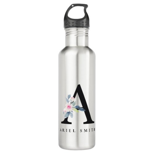 SOFT BLUSH BLUE FLORAL ALPHABETS NAME LETTER A STAINLESS STEEL WATER BOTTLE