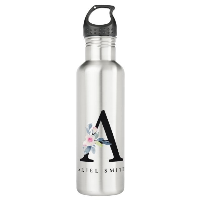 SOFT BLUSH BLUE FLORAL ALPHABETS NAME LETTER A STAINLESS STEEL WATER BOTTLE (Front)