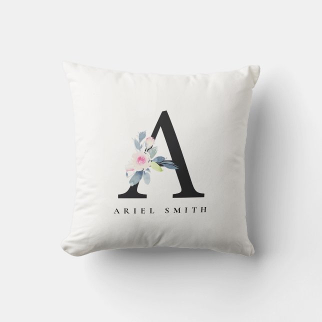 SOFT BLUSH BLUE FLORAL ALPHABETS NAME LETTER A THROW PILLOW (Front)