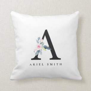 SOFT BLUSH BLUE FLORAL ALPHABETS NAME LETTER A THROW PILLOW