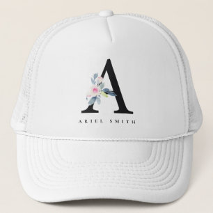 SOFT BLUSH BLUE FLORAL ALPHABETS NAME LETTER A TRUCKER HAT
