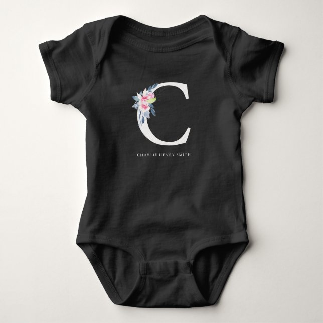 SOFT BLUSH BLUE FLORAL ALPHABETS NAME LETTER C BABY BODYSUIT (Front)