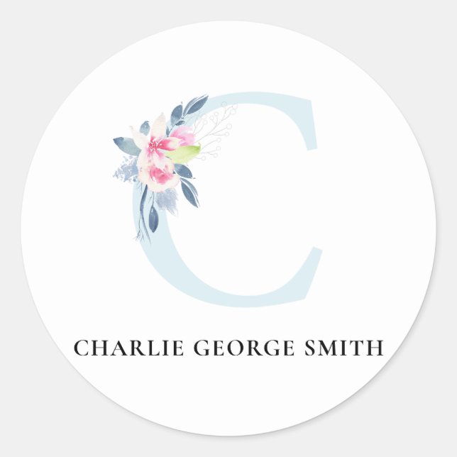 SOFT  BLUSH BLUE FLORAL ALPHABETS NAME LETTER C CLASSIC ROUND STICKER (Front)