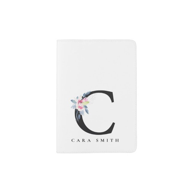 SOFT BLUSH BLUE FLORAL ALPHABETS NAME LETTER C PASSPORT HOLDER (Front)