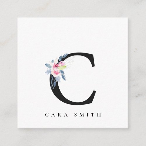 SOFT BLUSH BLUE FLORAL ALPHABETS NAME LETTER C SQUARE BUSINESS CARD