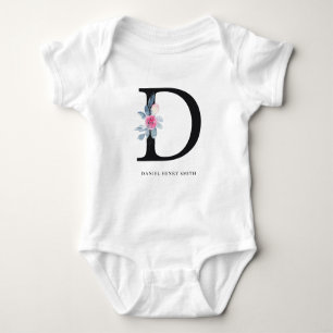 SOFT BLUSH BLUE FLORAL ALPHABETS NAME LETTER D BABY BODYSUIT