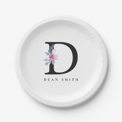 SOFT BLUSH BLUE FLORAL ALPHABETS NAME LETTER D PAPER PLATES