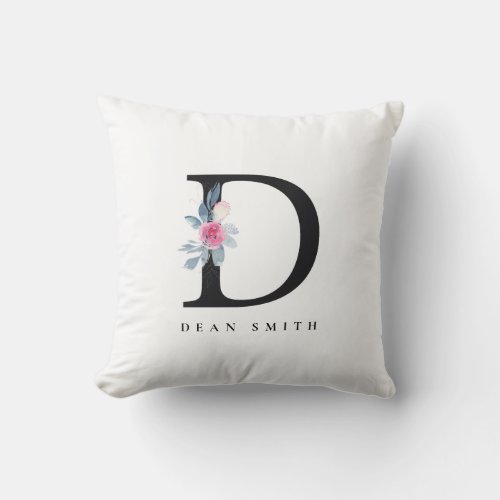 SOFT BLUSH BLUE FLORAL ALPHABETS NAME LETTER D THROW PILLOW