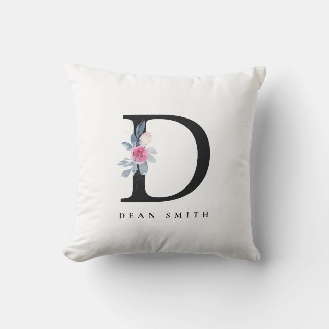 SOFT BLUSH BLUE FLORAL ALPHABETS NAME LETTER D THROW PILLOW (Front)