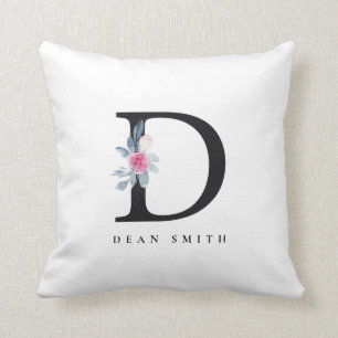 SOFT BLUSH BLUE FLORAL ALPHABETS NAME LETTER D THROW PILLOW