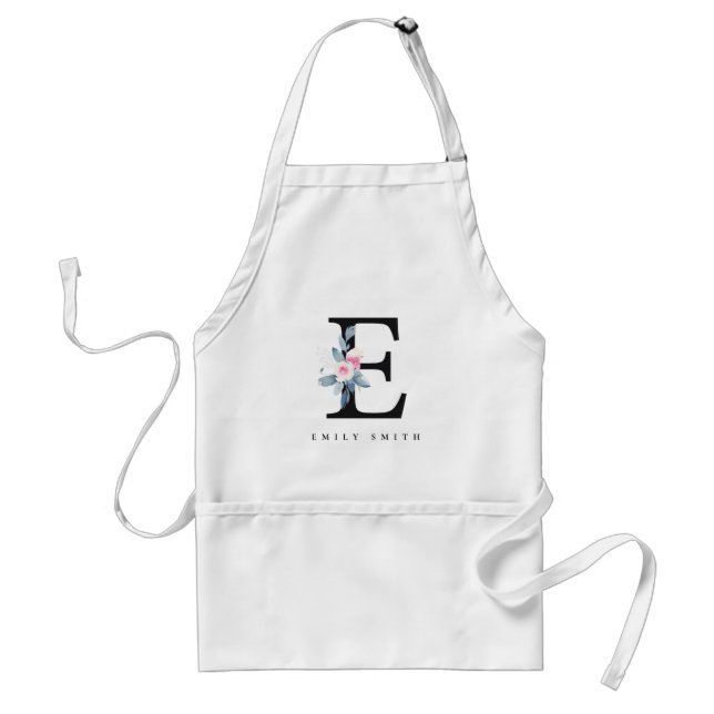 SOFT BLUSH BLUE FLORAL ALPHABETS NAME LETTER E ADULT APRON (Front)