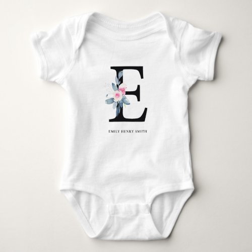 SOFT BLUSH BLUE FLORAL ALPHABETS NAME LETTER E BABY BODYSUIT