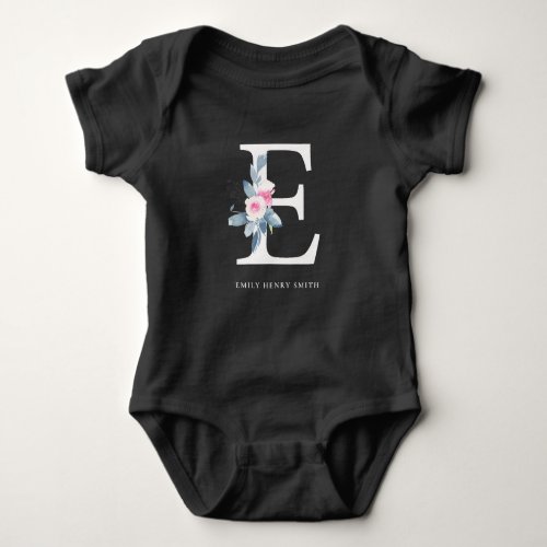 SOFT BLUSH BLUE FLORAL ALPHABETS NAME LETTER E BABY BODYSUIT