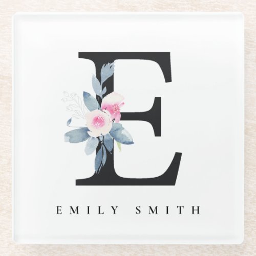 SOFT BLUSH BLUE FLORAL ALPHABETS NAME LETTER E GLASS COASTER