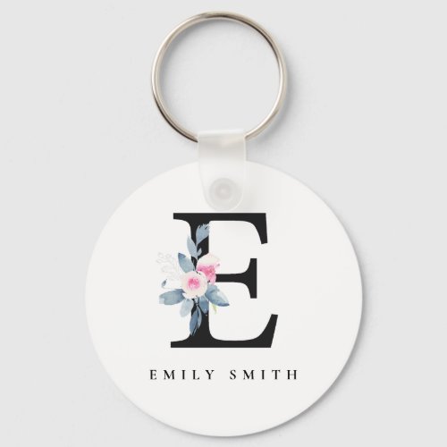 SOFT BLUSH BLUE FLORAL ALPHABETS NAME LETTER E KEYCHAIN