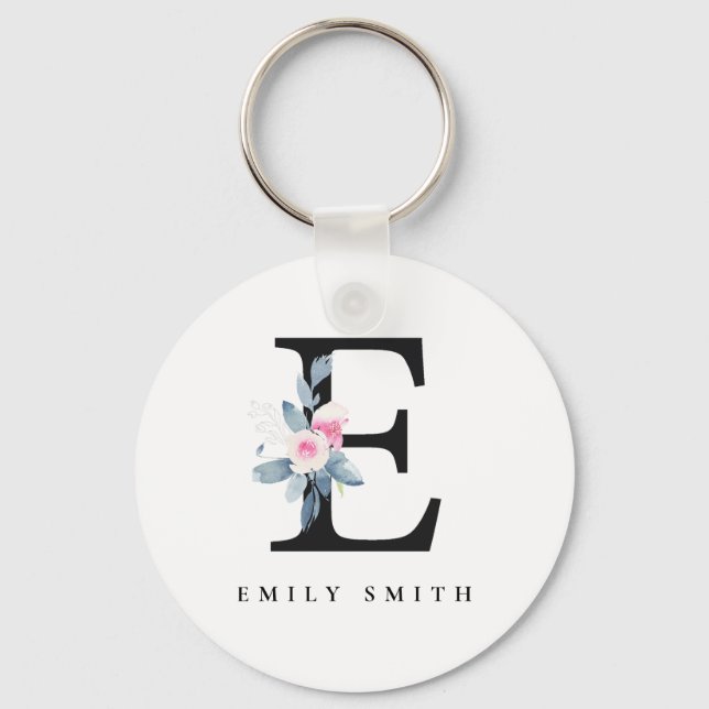 SOFT BLUSH BLUE FLORAL ALPHABETS NAME LETTER E KEYCHAIN (Front)