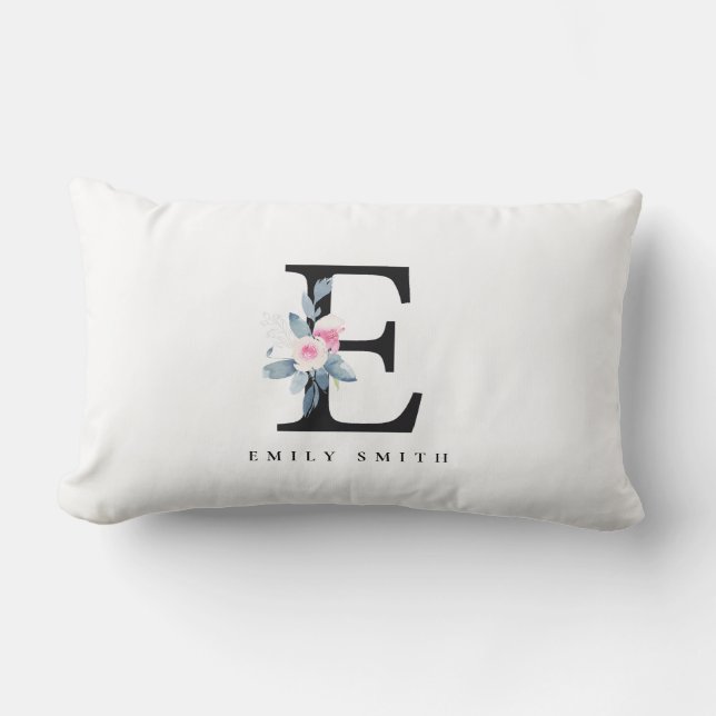 SOFT BLUSH BLUE FLORAL ALPHABETS NAME LETTER E LUMBAR PILLOW (Front)