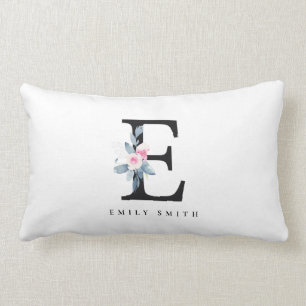SOFT BLUSH BLUE FLORAL ALPHABETS NAME LETTER E LUMBAR PILLOW