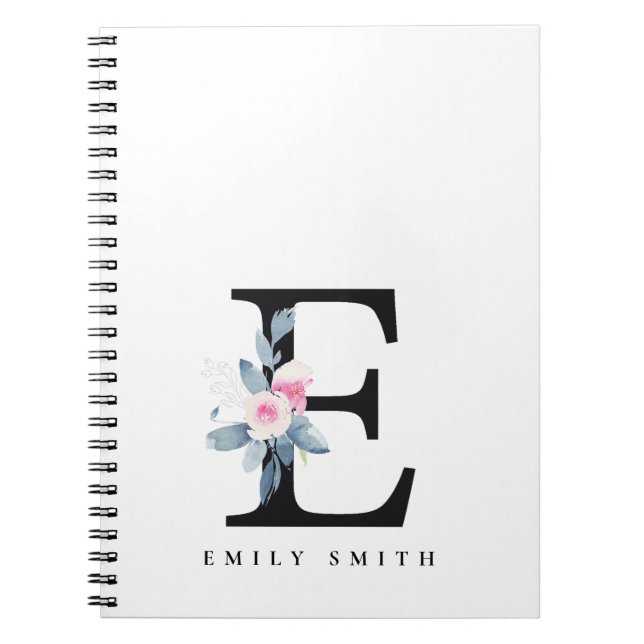 SOFT BLUSH BLUE FLORAL ALPHABETS NAME LETTER E NOTEBOOK (Front)
