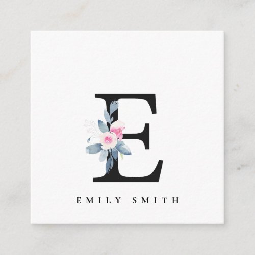 SOFT BLUSH BLUE FLORAL ALPHABETS NAME LETTER E SQUARE BUSINESS CARD