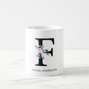 SOFT BLUSH BLUE FLORAL ALPHABETS NAME LETTER F COFFEE MUG