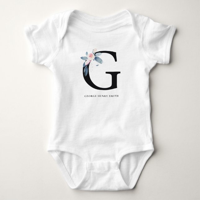 SOFT BLUSH BLUE FLORAL ALPHABETS NAME LETTER G BABY BODYSUIT (Front)