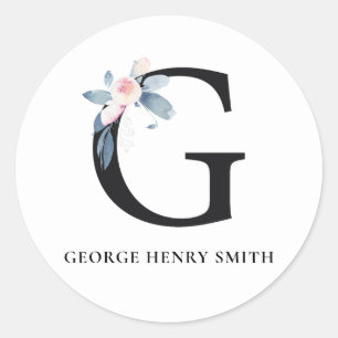 SOFT  BLUSH BLUE FLORAL ALPHABETS NAME LETTER G CLASSIC ROUND STICKER