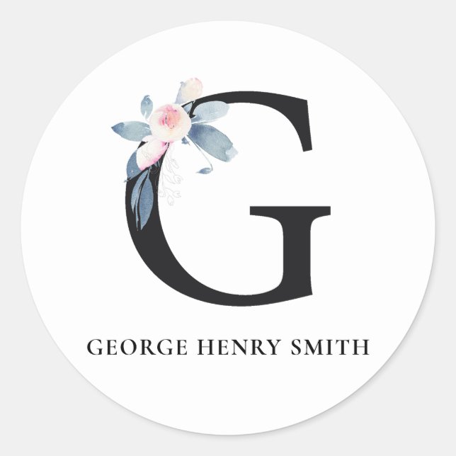 SOFT  BLUSH BLUE FLORAL ALPHABETS NAME LETTER G CLASSIC ROUND STICKER (Front)