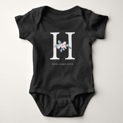 SOFT BLUSH BLUE FLORAL ALPHABETS NAME LETTER H BABY BODYSUIT