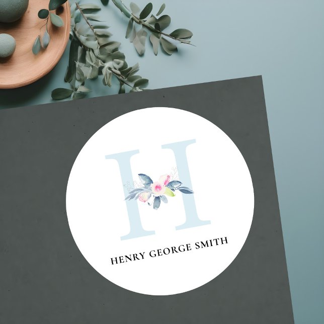 SOFT BLUSH BLUE FLORAL ALPHABETS NAME LETTER H CLASSIC ROUND STICKER (Creator Uploaded)