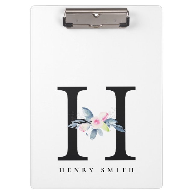 SOFT BLUSH BLUE FLORAL ALPHABETS NAME LETTER H CLIPBOARD (Front)
