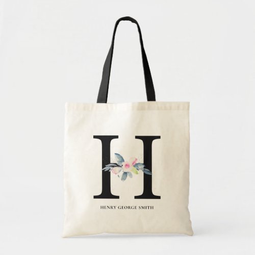 SOFT BLUSH BLUE FLORAL ALPHABETS NAME LETTER H TOTE BAG