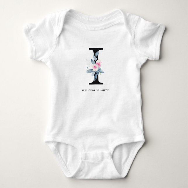 SOFT BLUSH BLUE FLORAL ALPHABETS NAME LETTER I BABY BODYSUIT (Front)