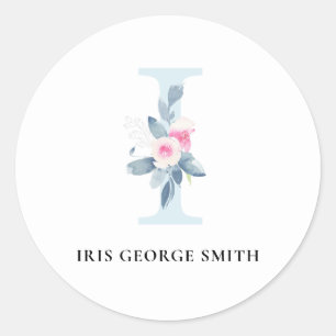 SOFT BLUSH BLUE FLORAL ALPHABETS NAME LETTER I CLASSIC ROUND STICKER
