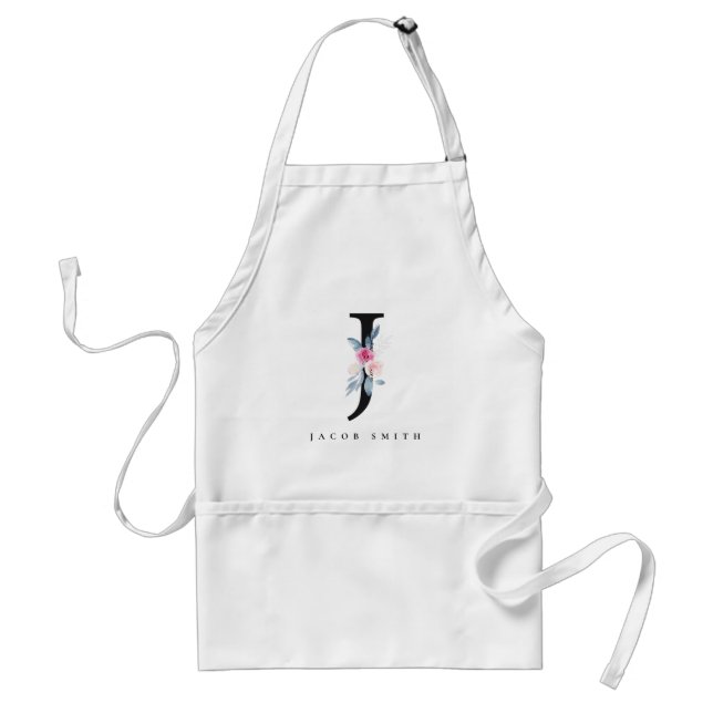 SOFT BLUSH BLUE FLORAL ALPHABETS NAME LETTER J ADULT APRON (Front)